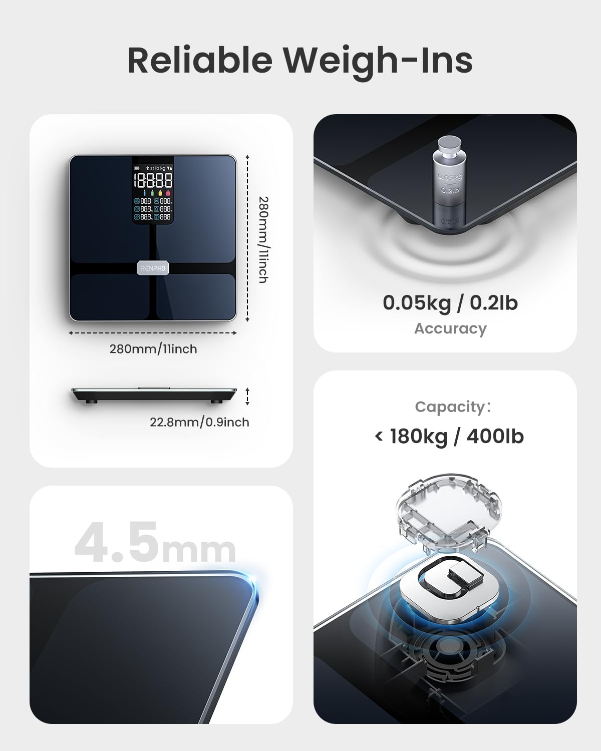 RENPHO Scale for Body Weight, Smart Scale with BMI, Body Fat, Muscle Mass, Bluetooth, 13 Metrics with Large Display, Support App Connection, Black, Elis 2X