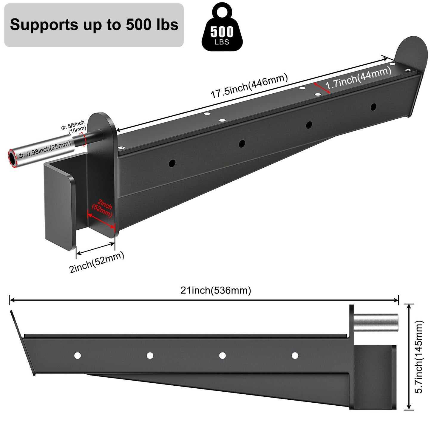 Lifeswell Heavy Duty Safety Spotter Arms for 2" x 2" Power Rack with 5/8" or 1" Holes, Adjustable Barbell Catch with Rubber Pad, 500lbs Capacity, Fits Squat Rack & Power Cage