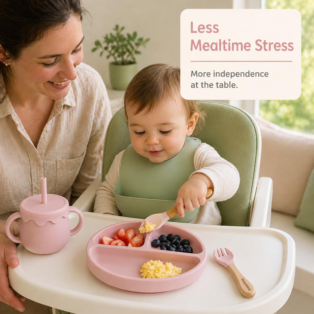 HappyNibble Baby Led Weaning Silicone Feeding Set, 2 Pack - Divided Suction Plates with Lids, 2-in-1 Sippy Cups, Spoons & Forks for Babies 6-36 Months, First Foods Shower Gift, BPA Free