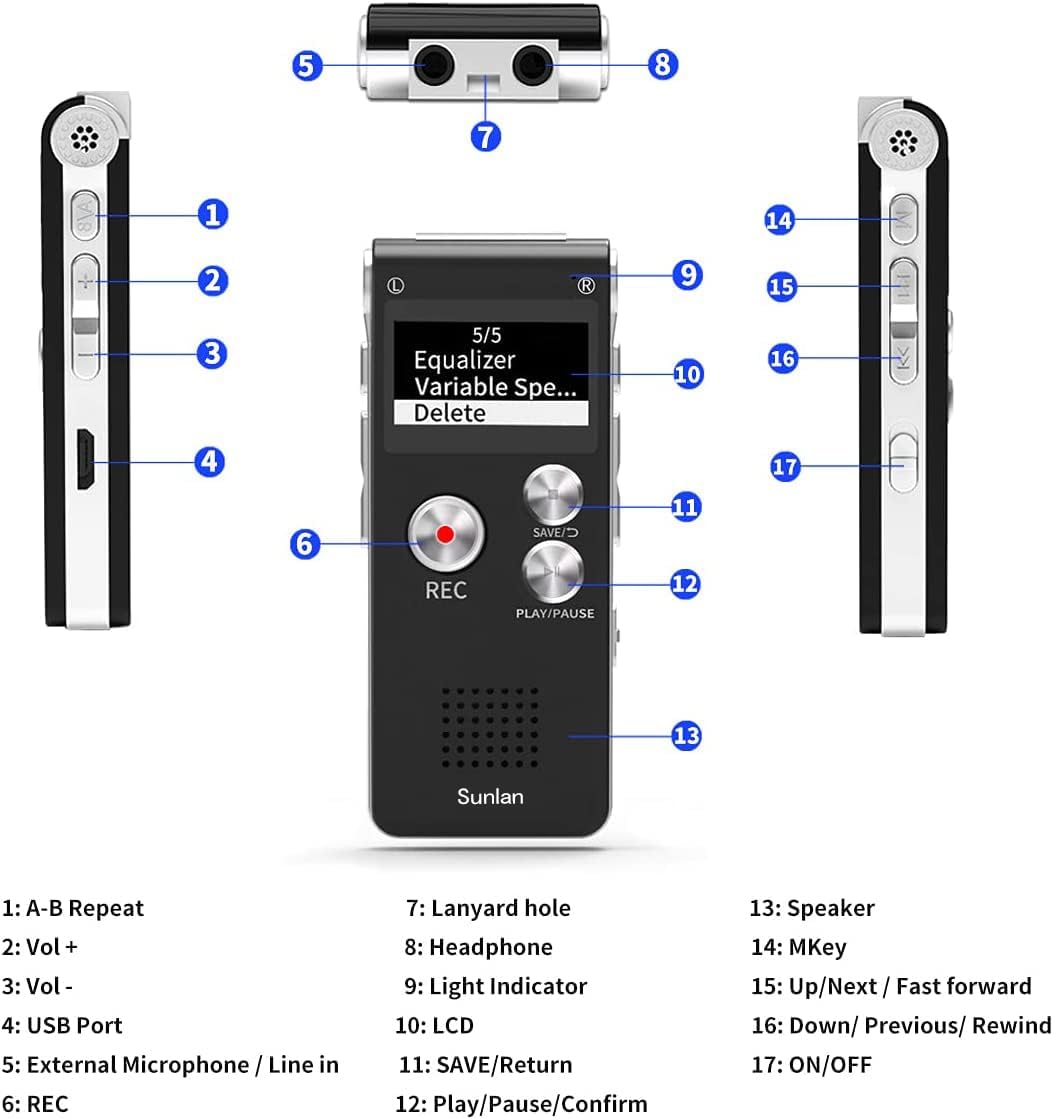 Sunlan 16GB Digital Voice Recorder Voice Recorder with Playback for Lectures - USB Rechargeable Dictaphone Upgraded