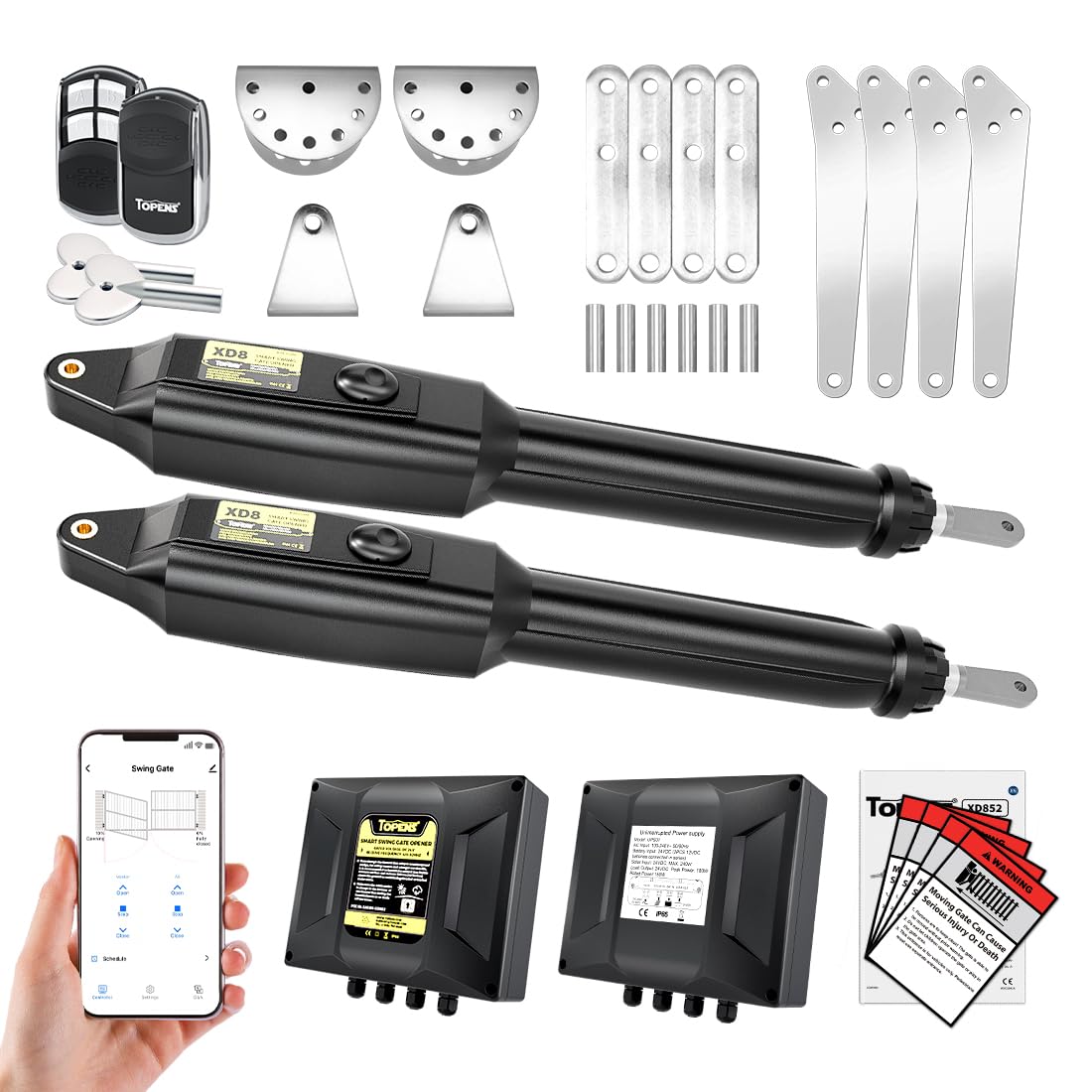 TOPENS XD852 Smart Gate Opener for Heavy Duty Dual Swing Gates Up to 18ft per Arm, Automatic Gate Opener with App Control AC Powered Remote Control Kit Solar Compatible