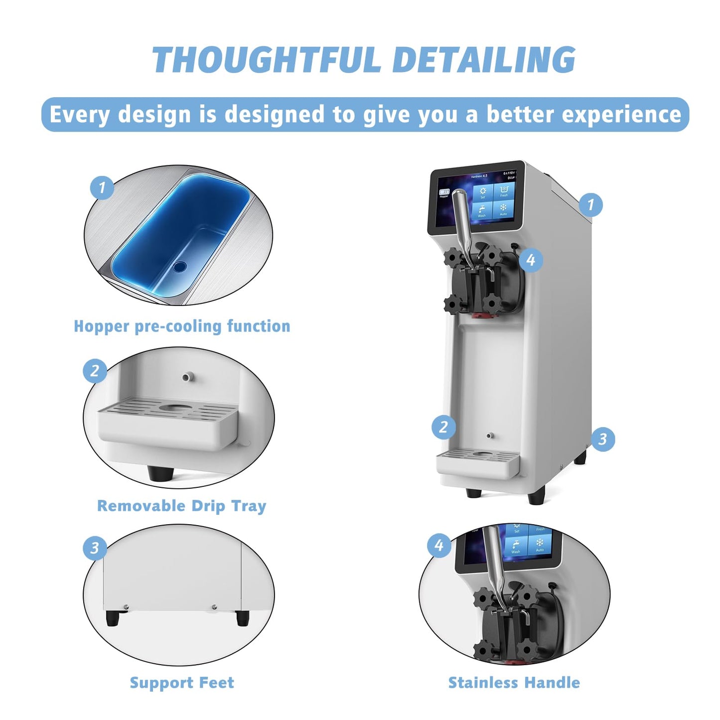 AnyDoor Commercial Ice Cream Maker Machine 1000W 2.7 to 4 Gal/H Single Flavor Soft Serve Ice Cream Machine Pre-cooling Auto Clean LCD Touch Screen Soft Serve Maker for Snack Bar Restaurants