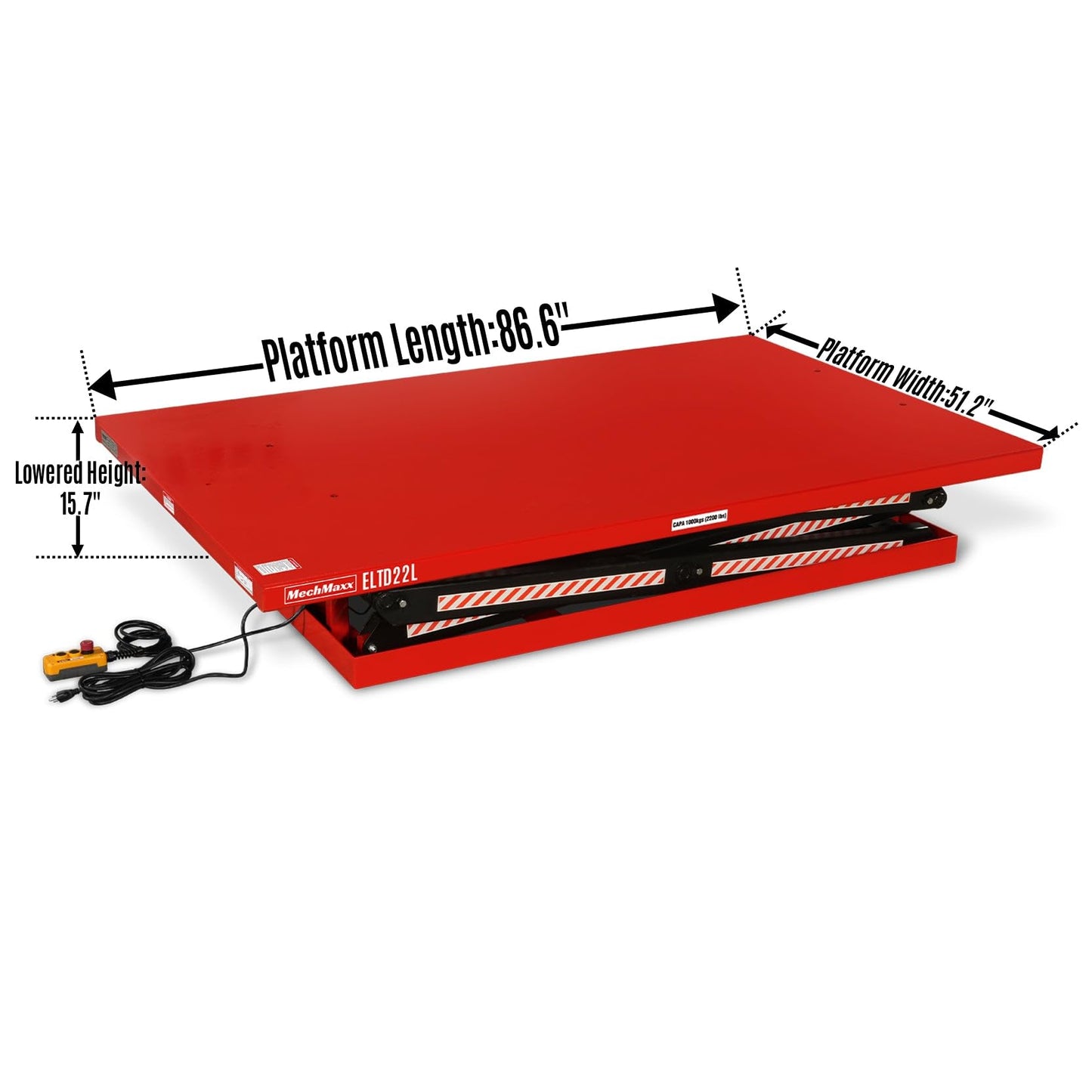 Mechmaxx 2200 lbs Capacity Stationary Powered Hydraulic Double Scissor Lift Table,86.6" x 51.2" Platform,94.5" Lift Height, UL Certified Moto,Model ELTD22L