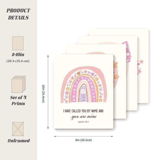 LARTSFRO Kids Bible Wall Art - Inspirational Pink Flower Prints for Nursery | Set of 4 Unframed 10x8 Inch Decor