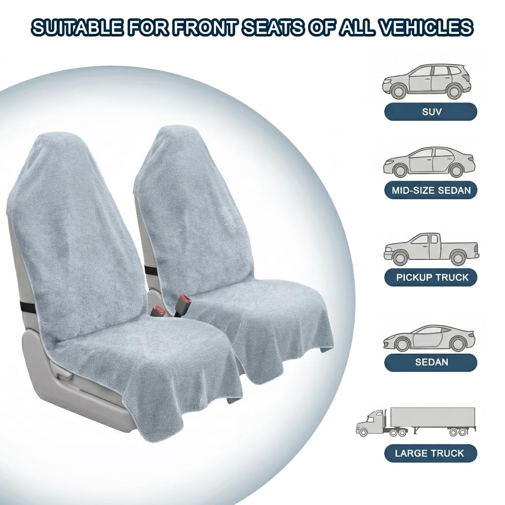 CORTHENA Car Seat Towel Cover, 2pcs Universal Front Seat Protector for Cars, SUVs and Trucks, Sweat Towel Car Seat Cover for Gym, Yoga, Swimming, Pets and Family Travel, Light Gray
