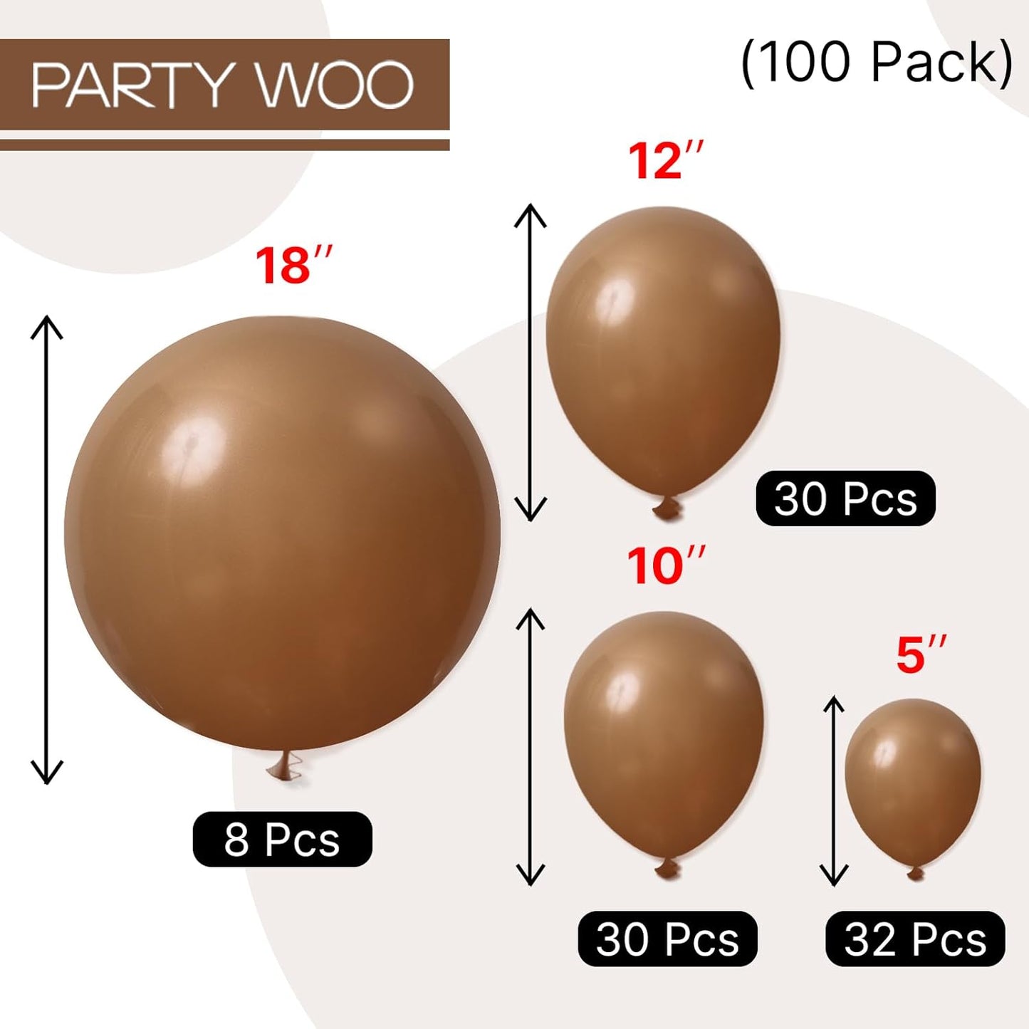 PartyWoo Brown Balloons - 100 Pcs Boho Neutral Coffee Balloon Arch Kit | 18", 12", 10", 5" Sizes for Weddings & Parties