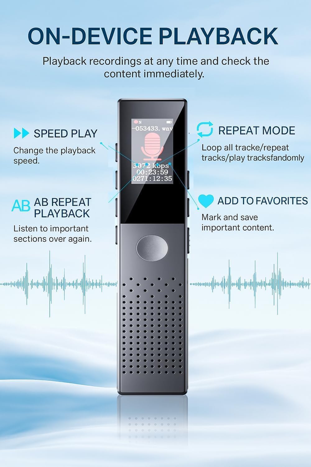 JUSTSTONE 128GB MP3 Digital Voice Recorder with Playback, Ai Noise Reduction, Voice Activated Recording, Password