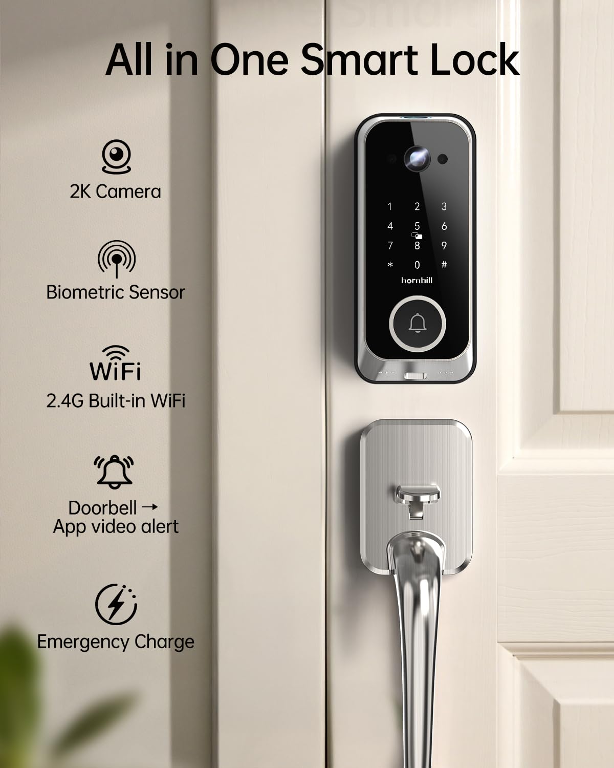 Hornbill Video Smart Lock with Camera: 10-in-1 Ring+2K Camera+Doorbell+Fingerprint Keyless Entry Door Lock, Built-in WiFi Deadbolt(only 2.4G), Two-Way Audio/App Remote Control/PIR, Satin Nickel