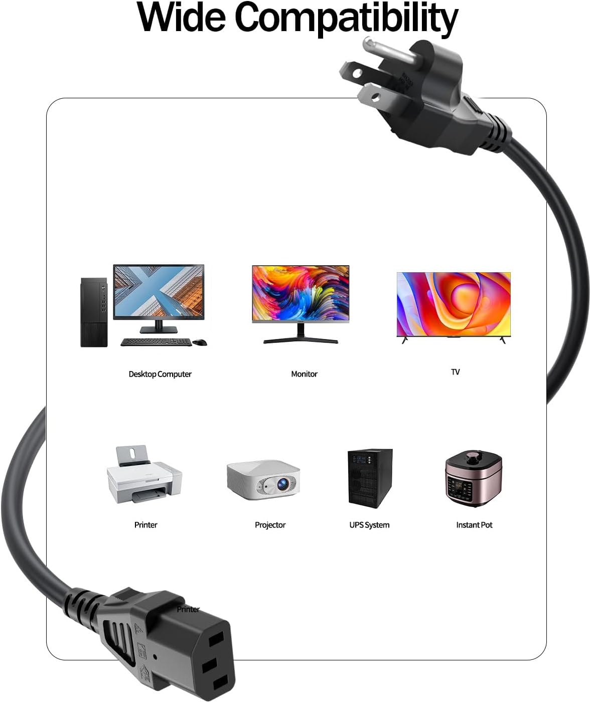 Superer 5 3 ft Prong AC Power Cord Universal Black Power Cable for Monitor, TV, Computer, Printer, PSU, and More