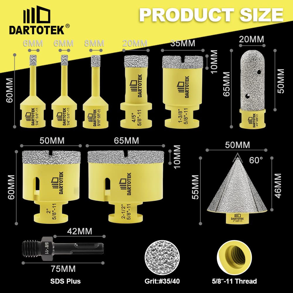 Diamond Core Drill Bits Set 10PCS - DARTOTEK Tile Hole Saw Kit (6/6/8/20/35/50/65mm/20mm/2 SDS for Porcelain, Ceramic Tile, Granite, Marble, Masonry