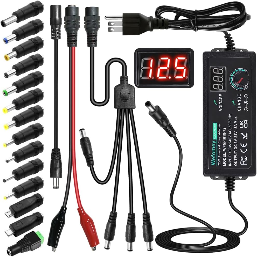 Wefomey 3V~24V 3A 72W 3V 5V 9V 12V 18V 20V 24V 100V-240V 14 4-Way Universal Power Supply Adjustable Variable AC/DC