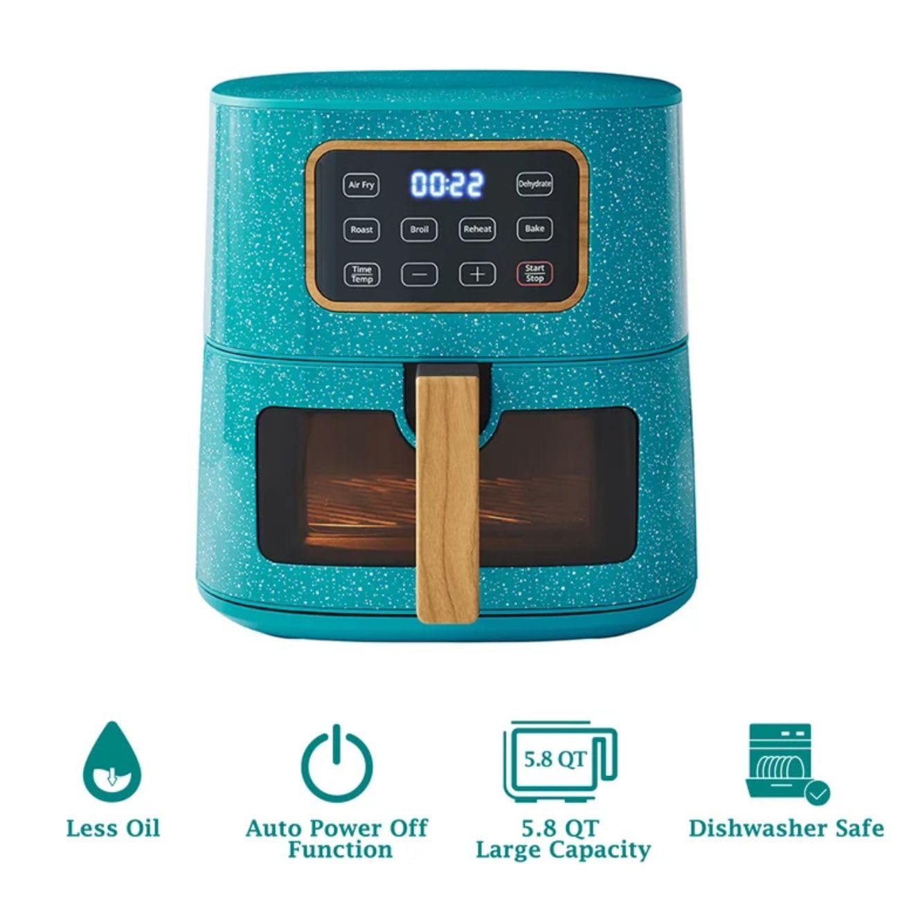P. W. 5.8 Qt Digital Air Fryer, Touchscreen with Window, Nonstick Basket, 1500W, 6 Smart Cooking Functions, Energy Efficient (Teal)