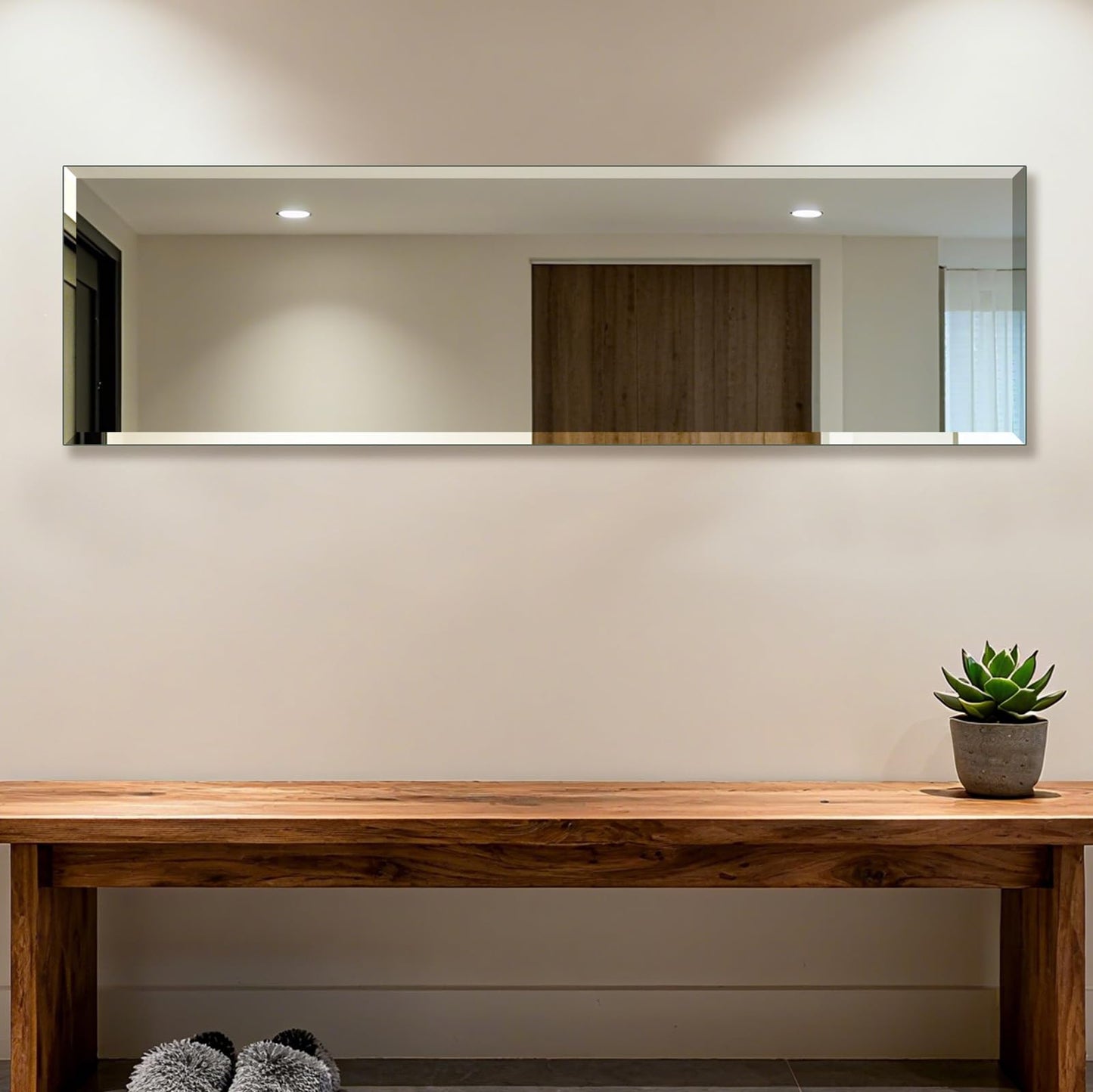 Ruomeng Frameless Full Length Mirror for Wall, 48x14 Inch Bathroom Vanity Mirror Farmhouse, Large Rectangle Mirror with Beveled Edge, Tempered Glass, Hangs Horizontally or Vertically