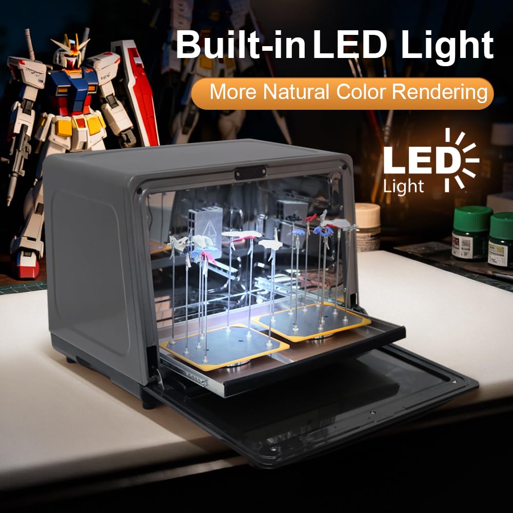 Model Hand-Painting Booth with Hot Air Dryer - LED Light, Timer, Strong Exhaust & Storage Tray for Art Crafts, Mini Collectibles