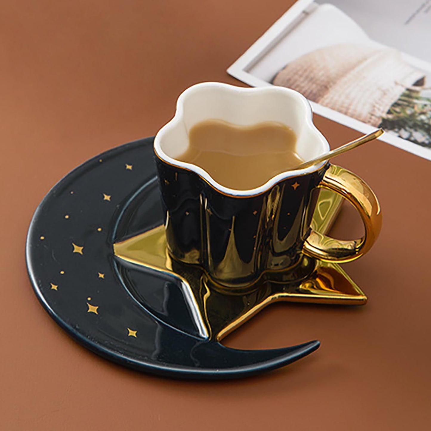 4.2 Ounce Irregular Ceramic Coffee Cup,Gold Plate Handle Mug,Moon and Star Shape Coffee Tea Cup and Saucer Sets with spoon,for Cappuccino,Tea,Cocoa,Cereal,Hot Chocolate (Black with Golden)