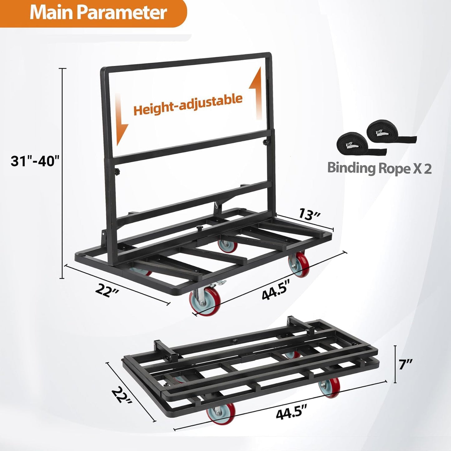 Eastrexon Folding Drywall Dolly w/ 5" Swivel Casters, 44.5" x 22" x 40" Plywood Cart w/ 2000 LBS Load Capacity, Portable Panel Truck Cart for Handling Plywood, Plasterboard, Glass
