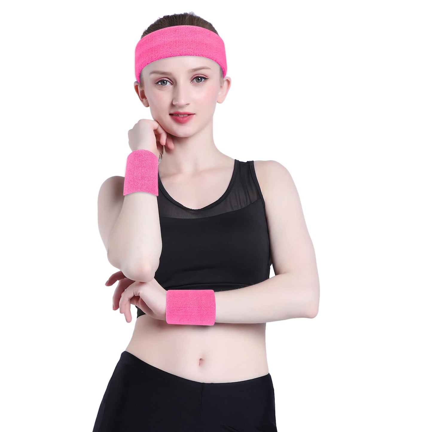 ONUPGO Pink Sweatband Set (3 Pieces) Cotton Headband/Wristbands for Men Women Girls Boys and Youth, Athletic Headbands Fit for Sports, Running, Yoga, Basketball, Football, Cycling, Gym