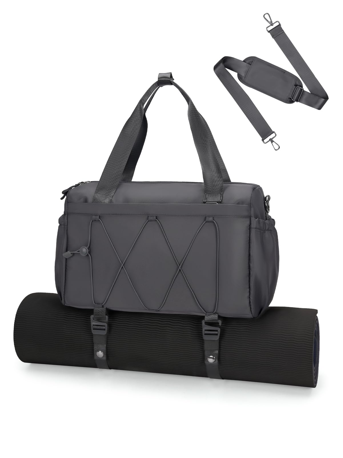 Small Gym Bag for Women with Yoga Mat Holder and Wet Compartment, Mini Gym Duffle Bag Yoga Bag with Water Bottle Pocket for Workout Travel, Dark Gray