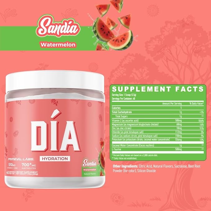 Primeval Labs Dia Hydration Electrolyte Powder | Vitamin C + Zinc, Taurine & Electrolytes | Low Sugar Daily Hydration Drink | 40 Serving Tubs | Sandia