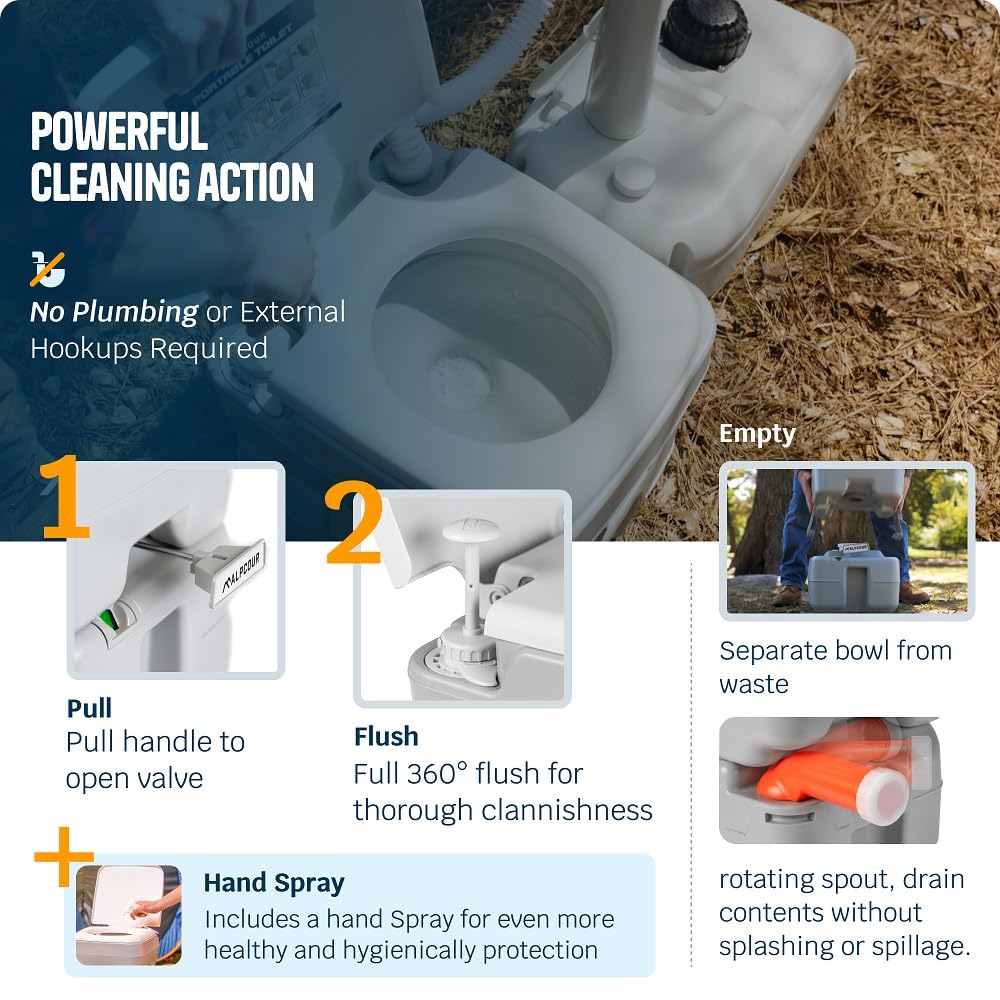 Alpcour Portable Toilet – Compact Indoor & Outdoor Commode w/Travel Bag for Camping, RV, Boat – Piston Pump Flush, 6 Gallon Waste Tank, Built-In Pour Spout & Washing Sprayer for Easy Cleaning