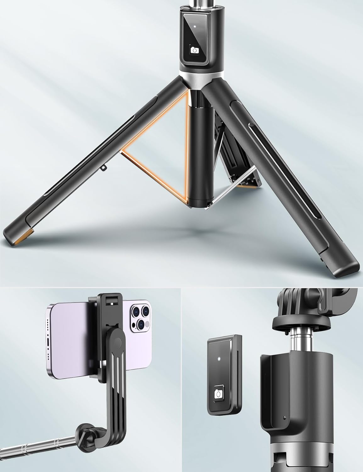 ANXRE 50" Selfie Stick Tripod with Fill Light and Stable Base, Extendable Phone Tripod with Detachable Wireless Remote