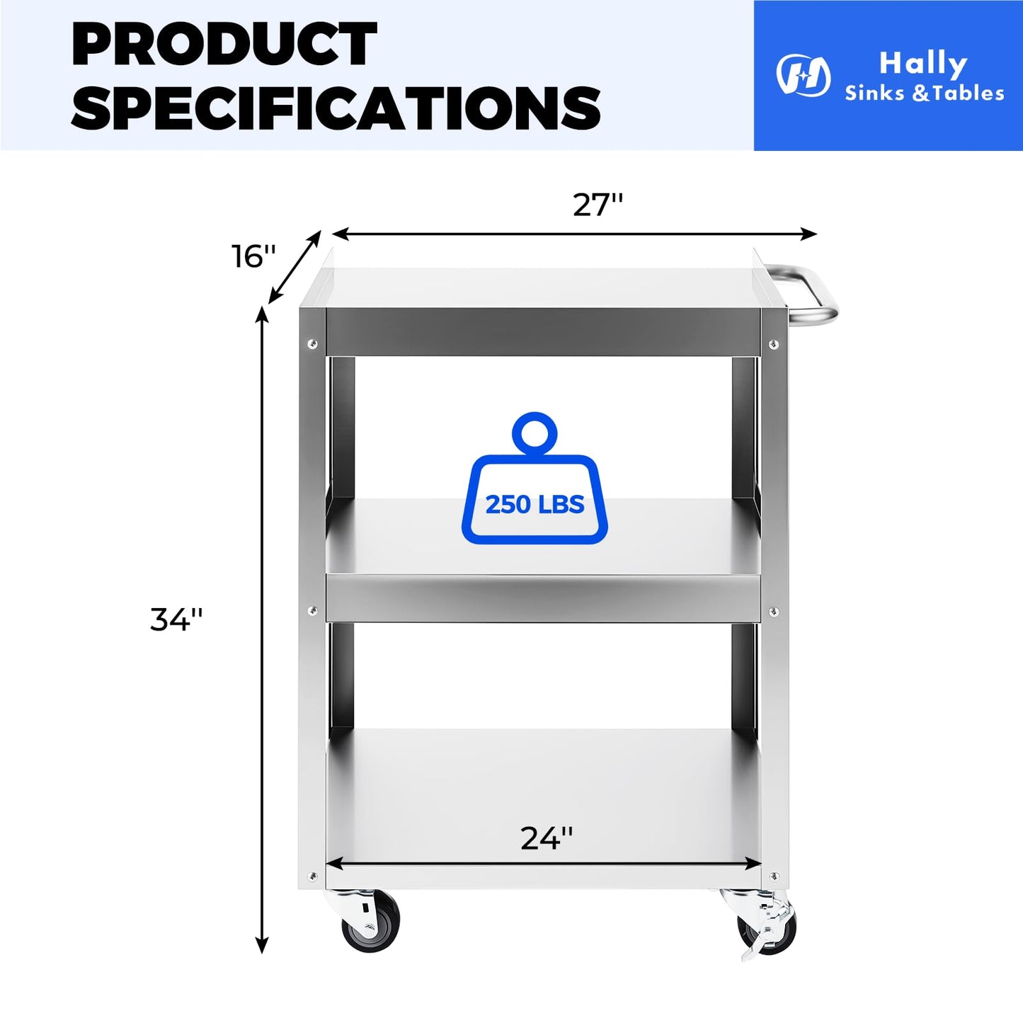 Hally Stainless Steel Utility Cart 3 Tier NSF Commercial Heavy Duty Metal Mobile Food Rolling Cart with Handle and Wheels for Kitchen, Restaurant, Hospital, Laboratory and Home, 24" L x 16" W x 34" H