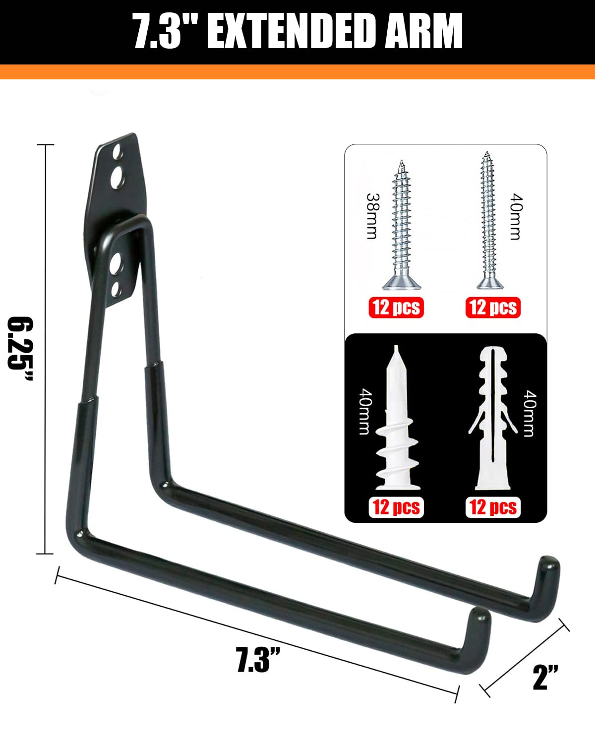 WMK 7.3'' Heavy Duty Garage Hooks, 6 Pack Wall Mount Garage Storage Hooks for Hanging Bike, Ladder, Tools - 100LB Load Capacity, Triple-Welded, PVC Coated (Black)