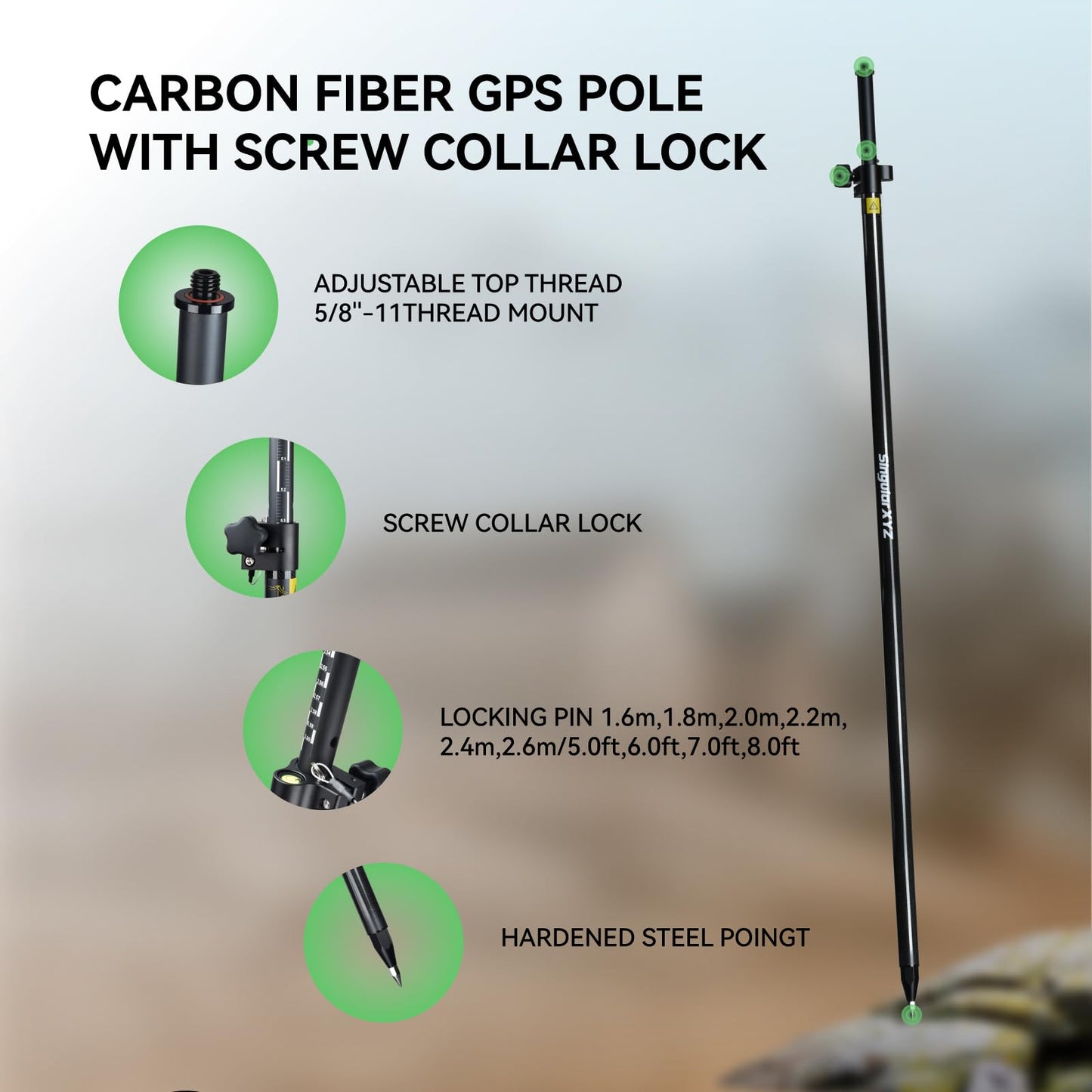 SingularXYZ Carbon Fiber & Aluminum GPS Pole – Telescopic 8.5ft/2.6m GPS Survey Pole with Screw Lock & Locking Pin, Metric-Feet Dual Scales, Bubble Level, Steel Point for RTK GNSS Surveying