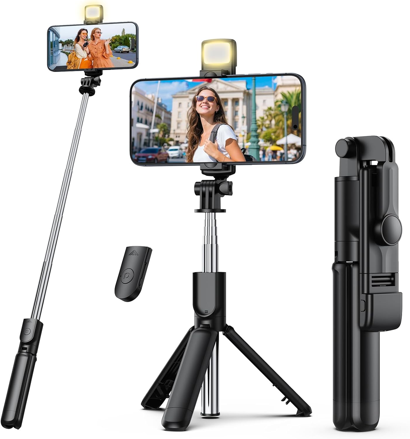 Aourxiv 4-7'' Selfie Stick Tripod with Light, Retractable Selfie Stick Tripod with Wireless Remote Control