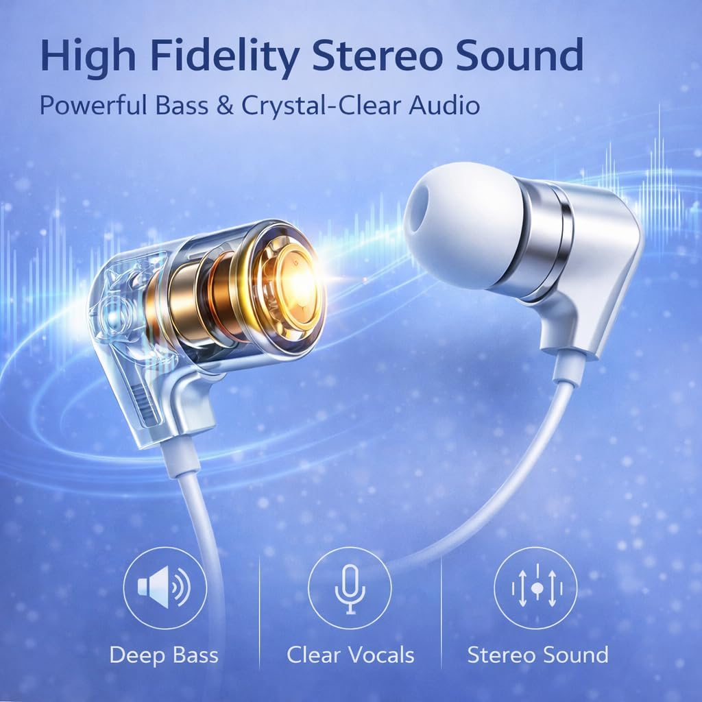 Generic 10mm 3.5mm MP3 Wired Earbuds with Microphone, HiFi Stereo in-Ear Headphones with Dynamic Driver, Noise