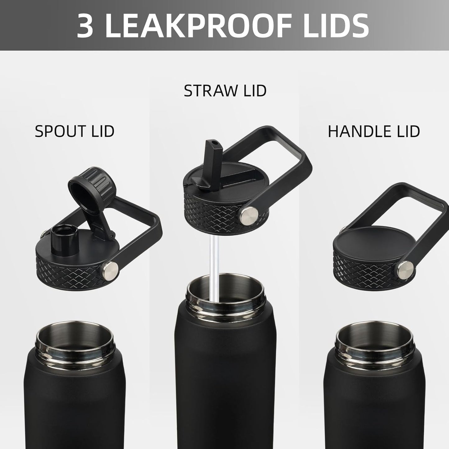 Skiennix 25oz Insulated Stainless Steel Water Bottle - Leakproof BPA-Free with 3 Lids for Gym & Travel | Black