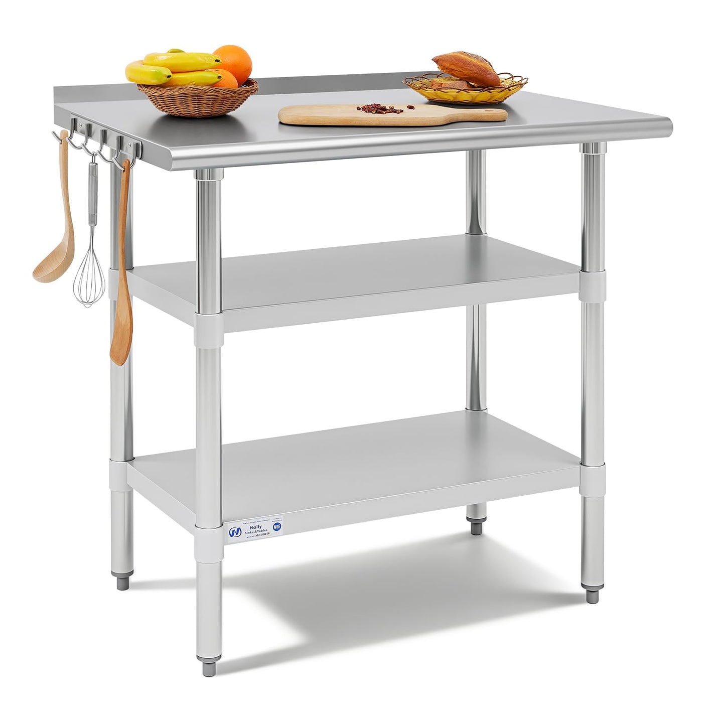 Hally 24 x 36 Inch Stainless Steel Prep Table with Backsplash, NSF Certified, 2 Adjustable Undershelves and Removable Hook for Kitchen, Restaurant, Garage