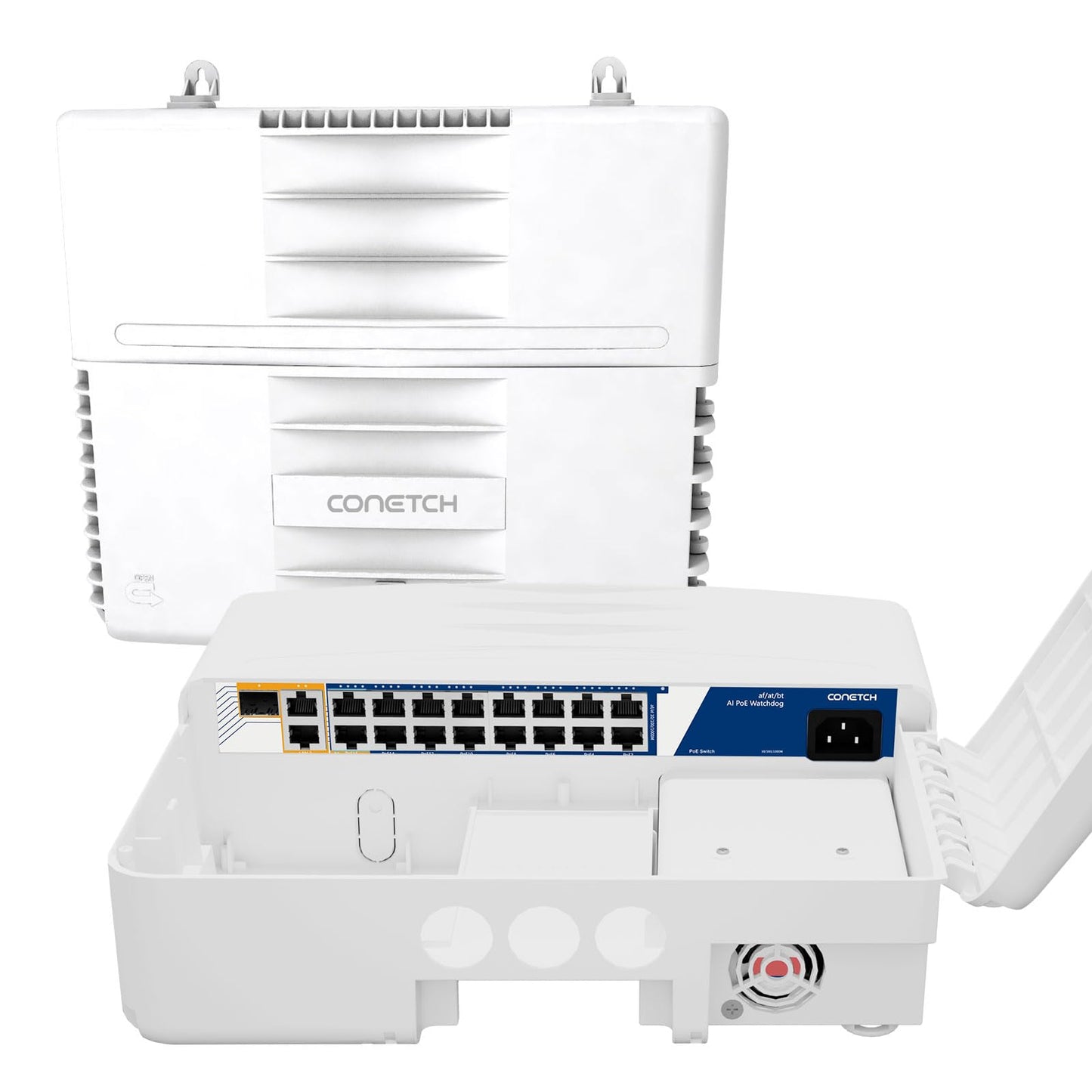 CONETCH 19 Port Outdoor PoE Switch with 2 Uplink & 1 SFP | IP65 Waterproof | 300W Built-in Power | IEEE802.3af/at/bt | AI Watchdog | 6KV Lightning Protection | All-in-one Box | Auto-Adaption 250m
