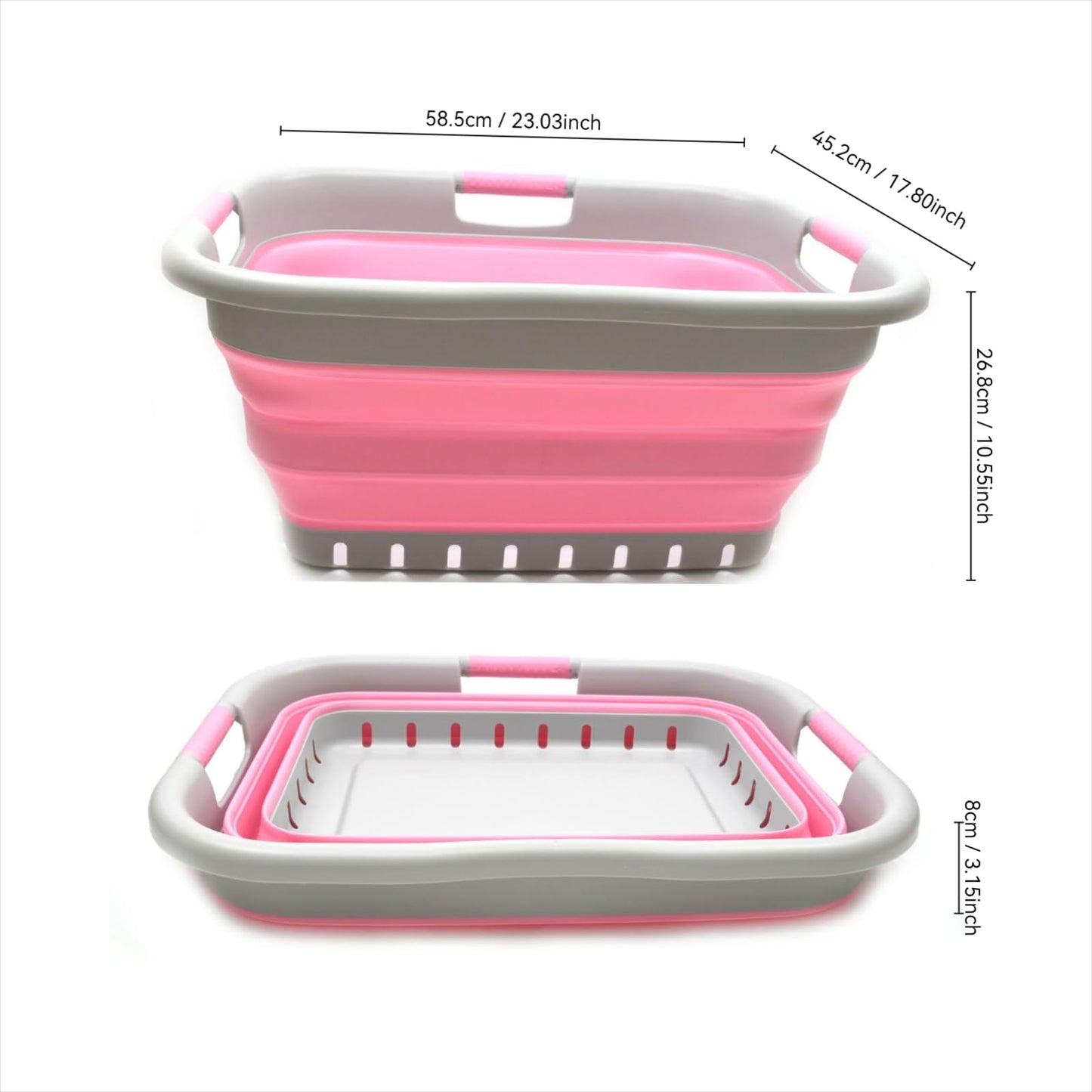 SAMMART 41L (10.8 gallon) Set of 2 Collapsible 3 Handled Plastic Laundry Basket-Foldable Pop Up Storage Container/Organizer-Space Saving Hamper/Basket (2, Grey/Pink)