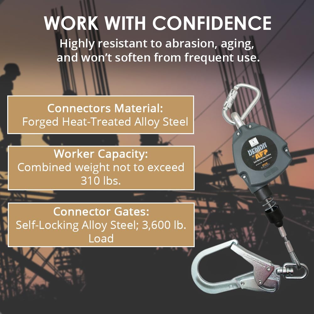 AFP Demon 11 FT Single Leg Self-Retracting Lifeline Cable Retractable | Steel Locking Pelican Rebar Hook | Safety Yoyo Fall Protection Arrest Limiter | Construction Industrial | OSHA & ANSI Rated SRL