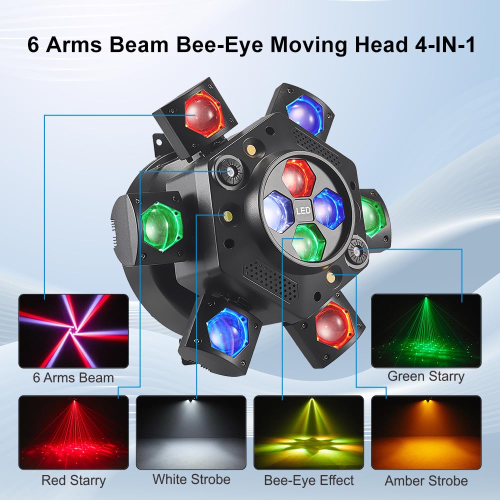 Moving Head DJ Lights, Rualin 150W LED Stage Light 4 in 1 with RGBW 6 Arms Beam, Bee-Eye Light, Red Green Starry and White Amber Strobe, Remote & DMX Control for Disco Club Party DJ Stage Lighting