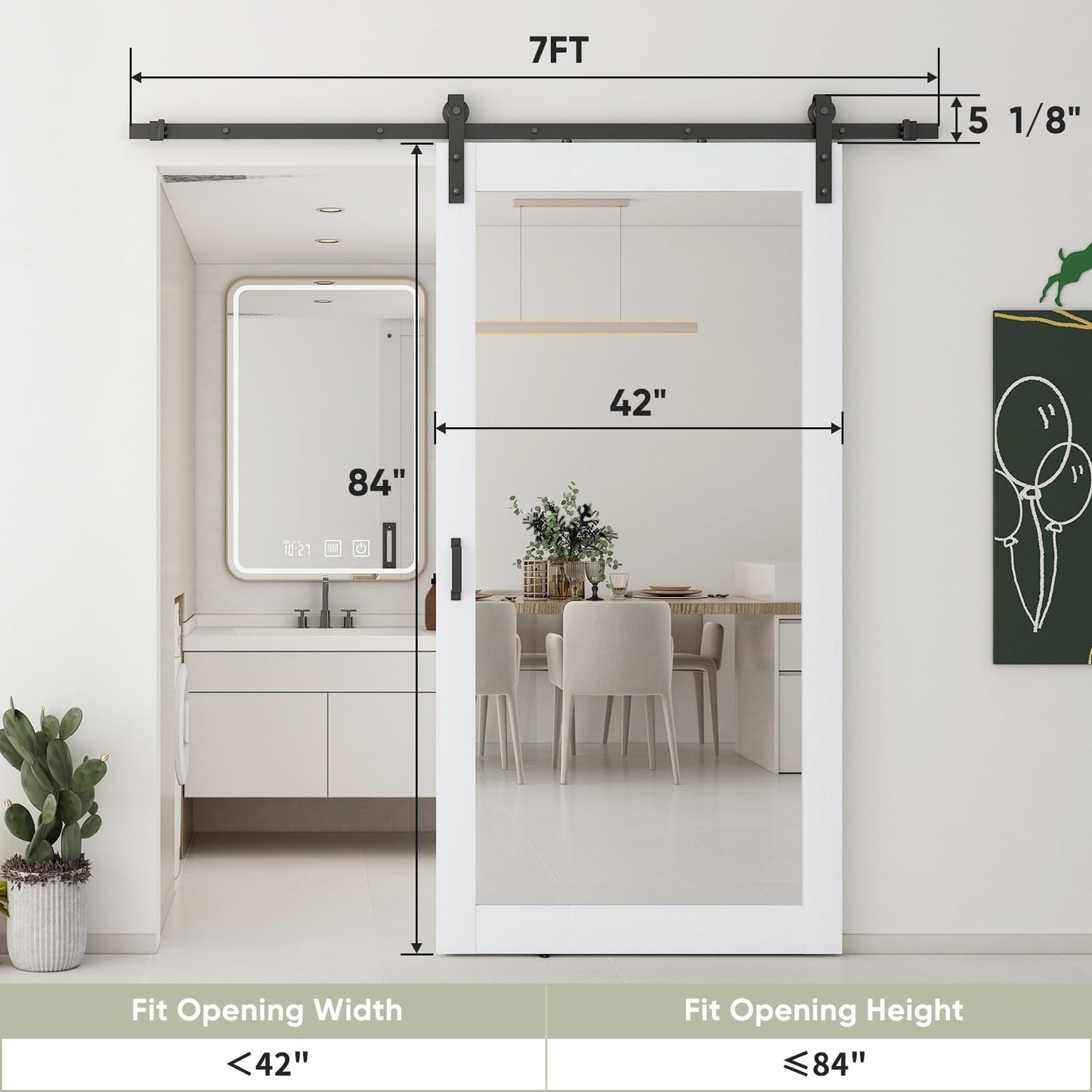 JUBEST 42x84 in Mirror Barn Door and 7FT Sliding Door Hardware Kit Included, White Full Length Mirror, Solid Wood Panel Covered with Water-Proof PVC Surface, No Assembly Required