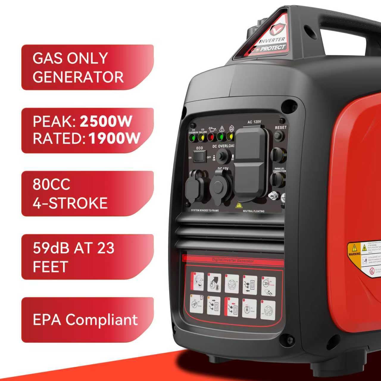 SIOKIUU 2500W Portable Generator Super Quiet Inverter Generator Ultra Lightweight for Home Backup Outdoor Camping, CO Sensor Protect, EPA, ECO Mode