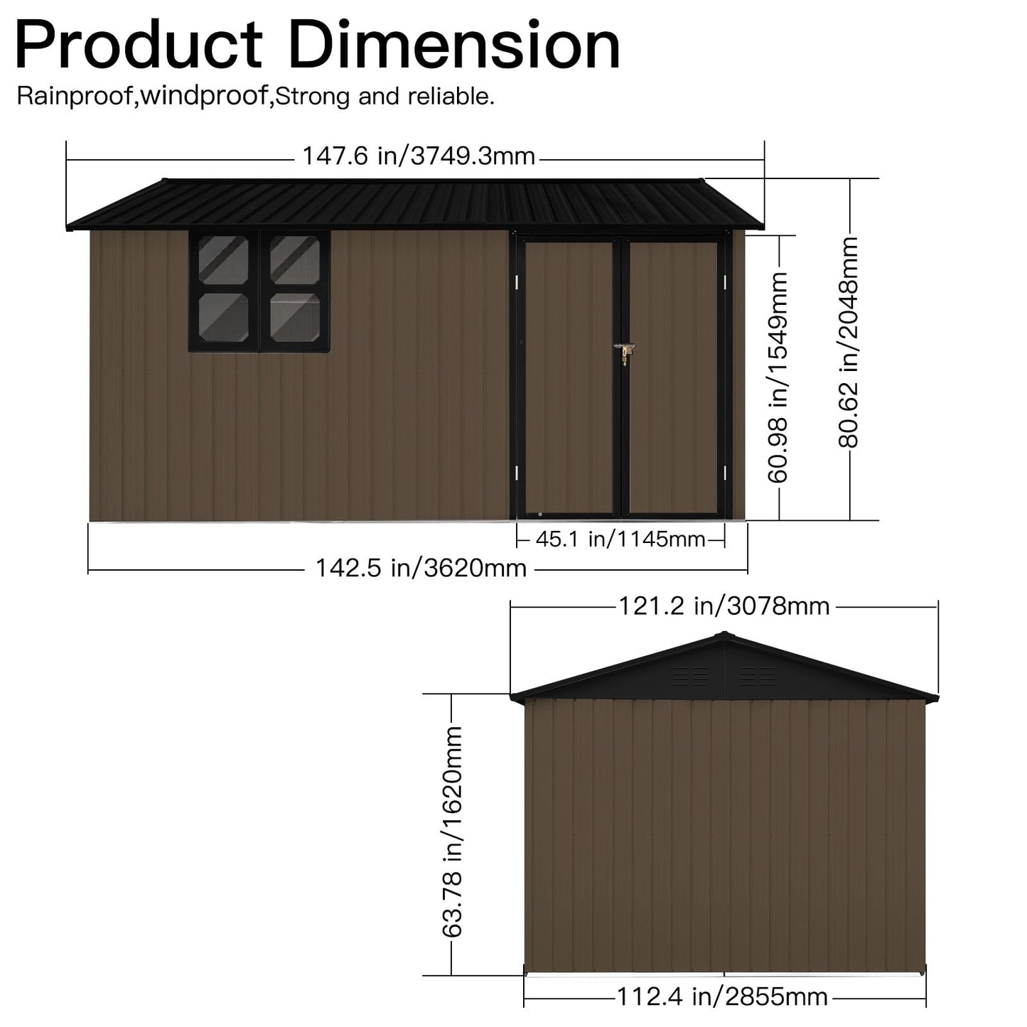 KEIKI 12x10 Ft Metal Outdoor Storage Shed Garden with Window, Foldable Worktable & Shelves, Lockable Door, Waterproof Apex Roof Heavy Duty Tool House for Backyard Garden Lawn, Brown