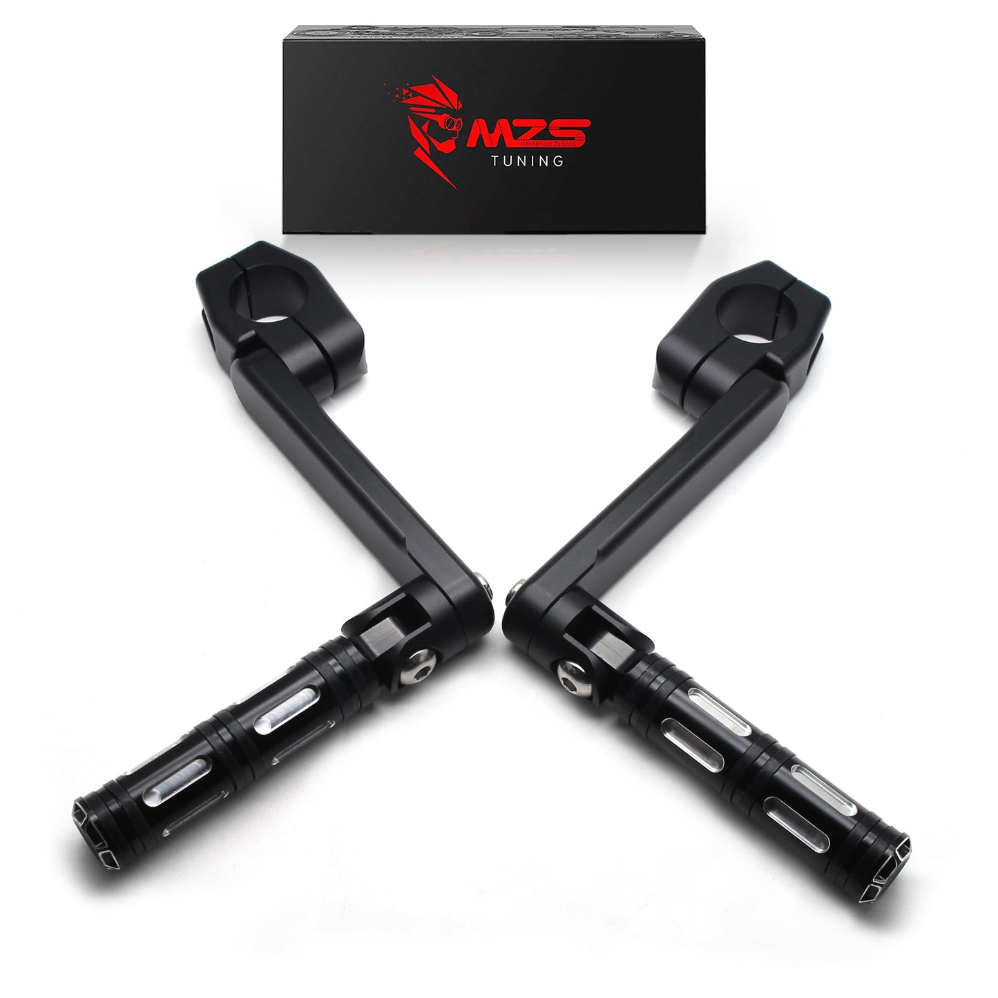 MZS Motorcycle Highway Pegs, 1.25" CNC Highway Foot Pegs Adjustable Long Angled Mount Clamps Compatible with Road King Sportster Softail Street Electra Glide Dyna Rebel Shadow for 1 1/4 Crash Bar