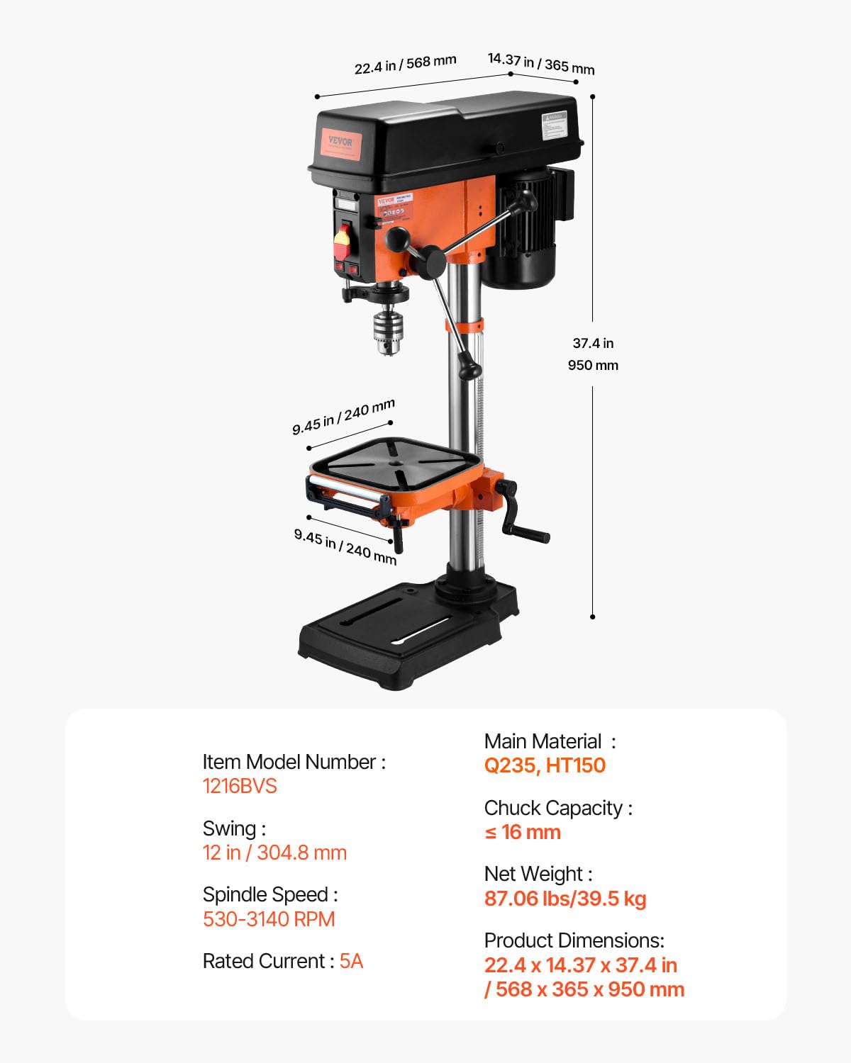 VEVOR 12 in Benchtop Drill Press, 5 Amp 120V, Variable Speed Cast Iron Bench Drill Press, 12 in Swing Distance 0-45° Tiltling Worktable with Laser Work Light, Tabletop Drilling Machine for Wood Metal