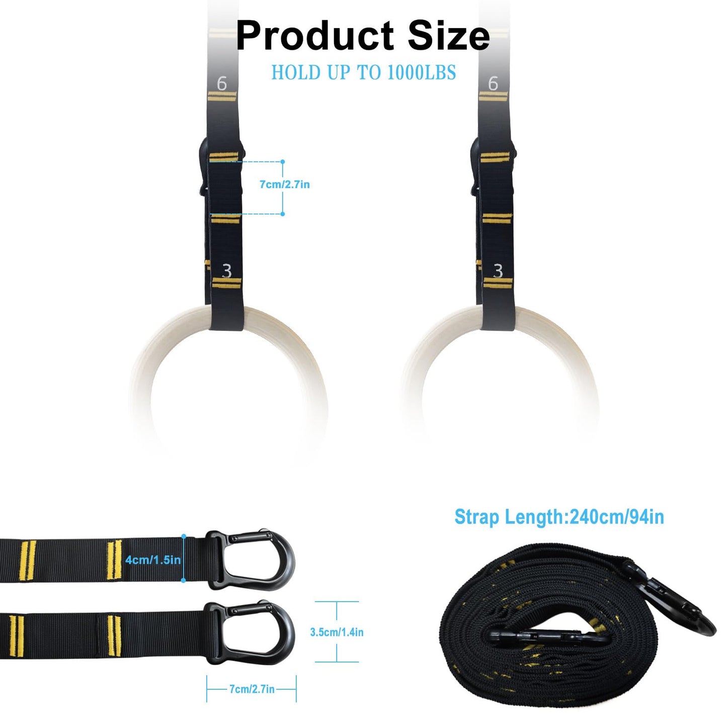 Powerfeng Adjustable Numbered Straps for Gymnastic Rings & Pull Up Handles, 8.2FT Long Each, 1000LBS Weight Capacity, Home Gym DIY Pull Down System Accessories(Only Straps No Rings)