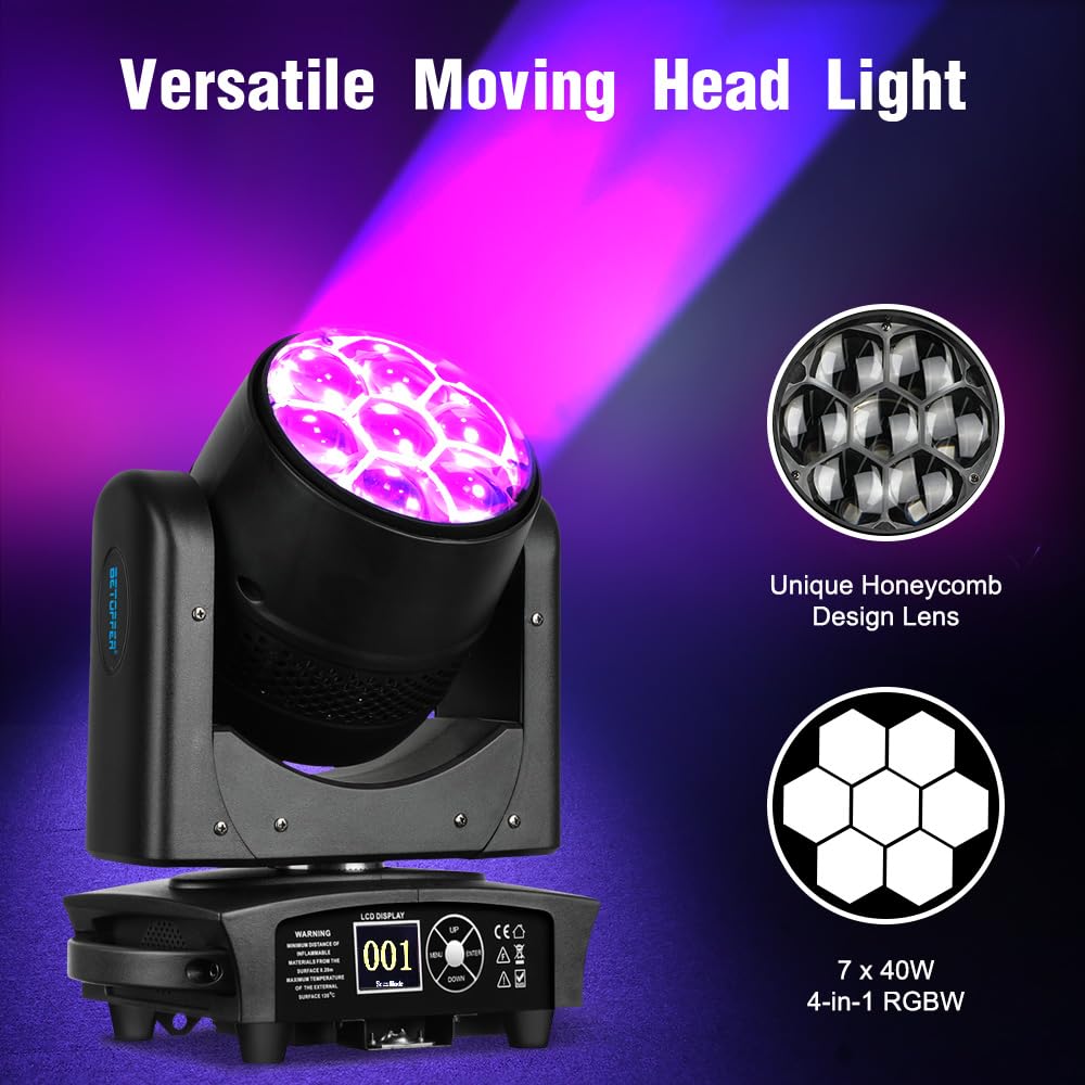BETOPPER LM0740 Moving Head Light 7x40W RGBW Beam/Wash/Zoom/CTO Effect Bee Eye LED Stage Lighting Spot Lights with Sound Activated for DJs, Bars, Christmas, and Home Party Lighting,2 Packs