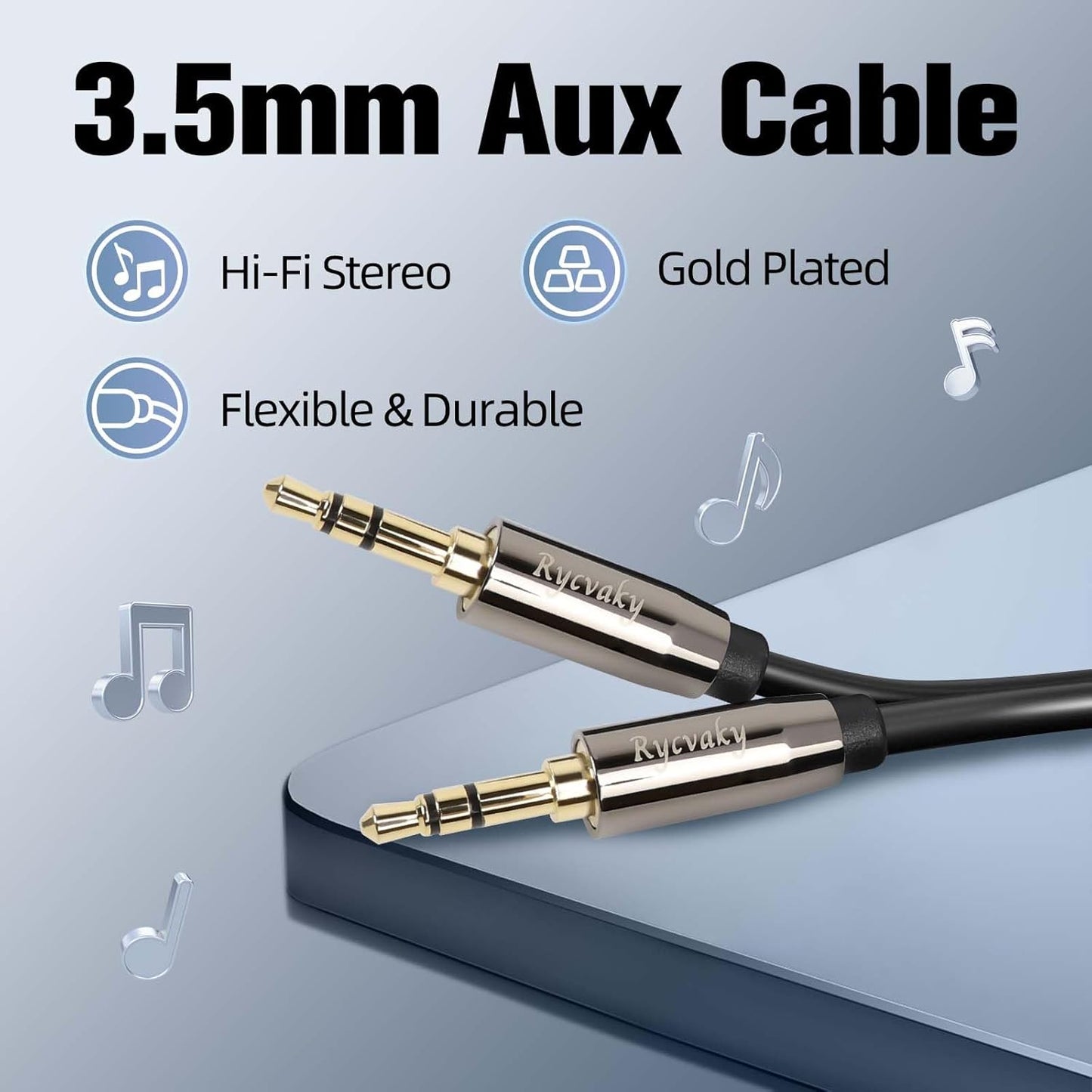 rycvaky 3.5mm Connectors,25ft 1 Pack Aux Audio Stereo Cable, Hi-Fi Sound Male to Male Aux Cable for Headphones, Car