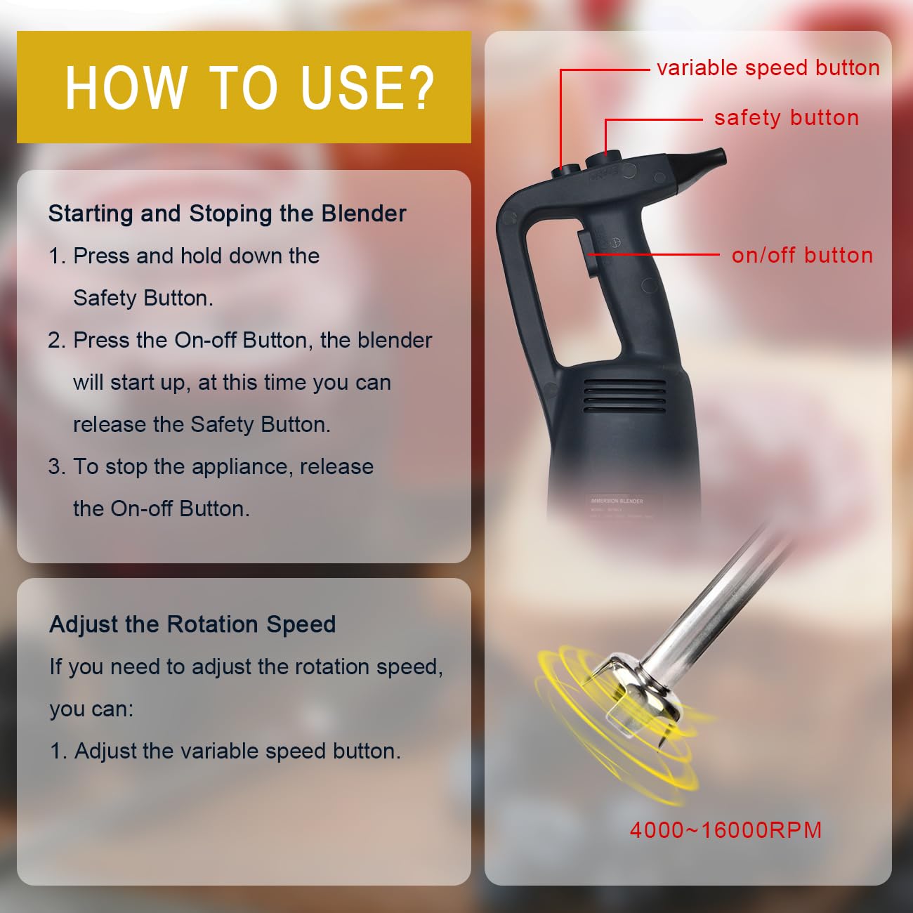 BNDHKR 10 inch Electric Immersion Blender Commercial/Home kitchen handheld Blenders 500W 4000rpm to 16000rpm Detachable Shaft Food Grade Stainless Steel for shakes soups smoothies Puree