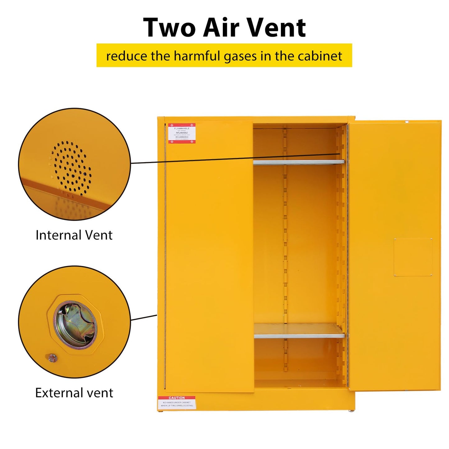 45 Gallon Flammable Safety Cabinet, Industrial Yellow Steel Storage for Flammable Liquids, Fireproof Double-Wall Design with 2 Adjustable Shelves, Manual Close Doors & Dual Vents, OSHA Compliant
