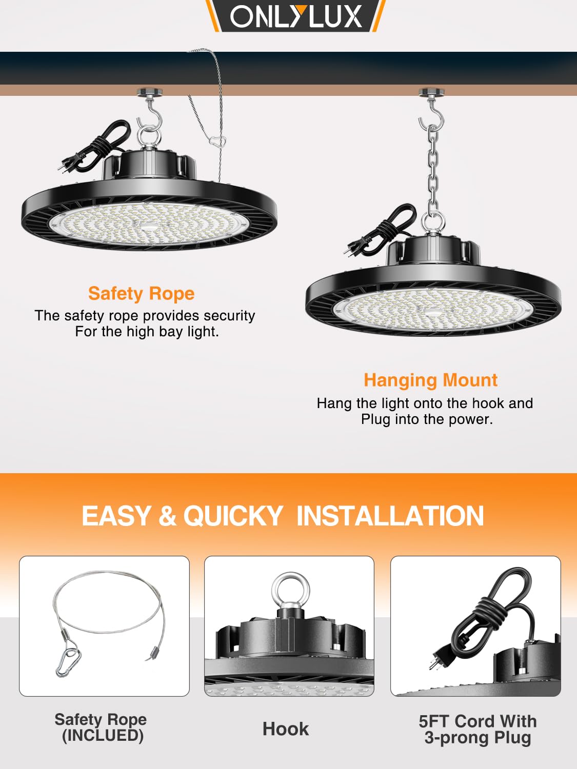 ONLYLUX 300W Super Bright UFO LED High Bay Lights 8 Pack 6000K Daylight, 45000lm, Led Shop Lights (1200W MH/HPS Eqv.) with US Plug 5ft Cable for Garage Plug & Play Lighting for Warehouse