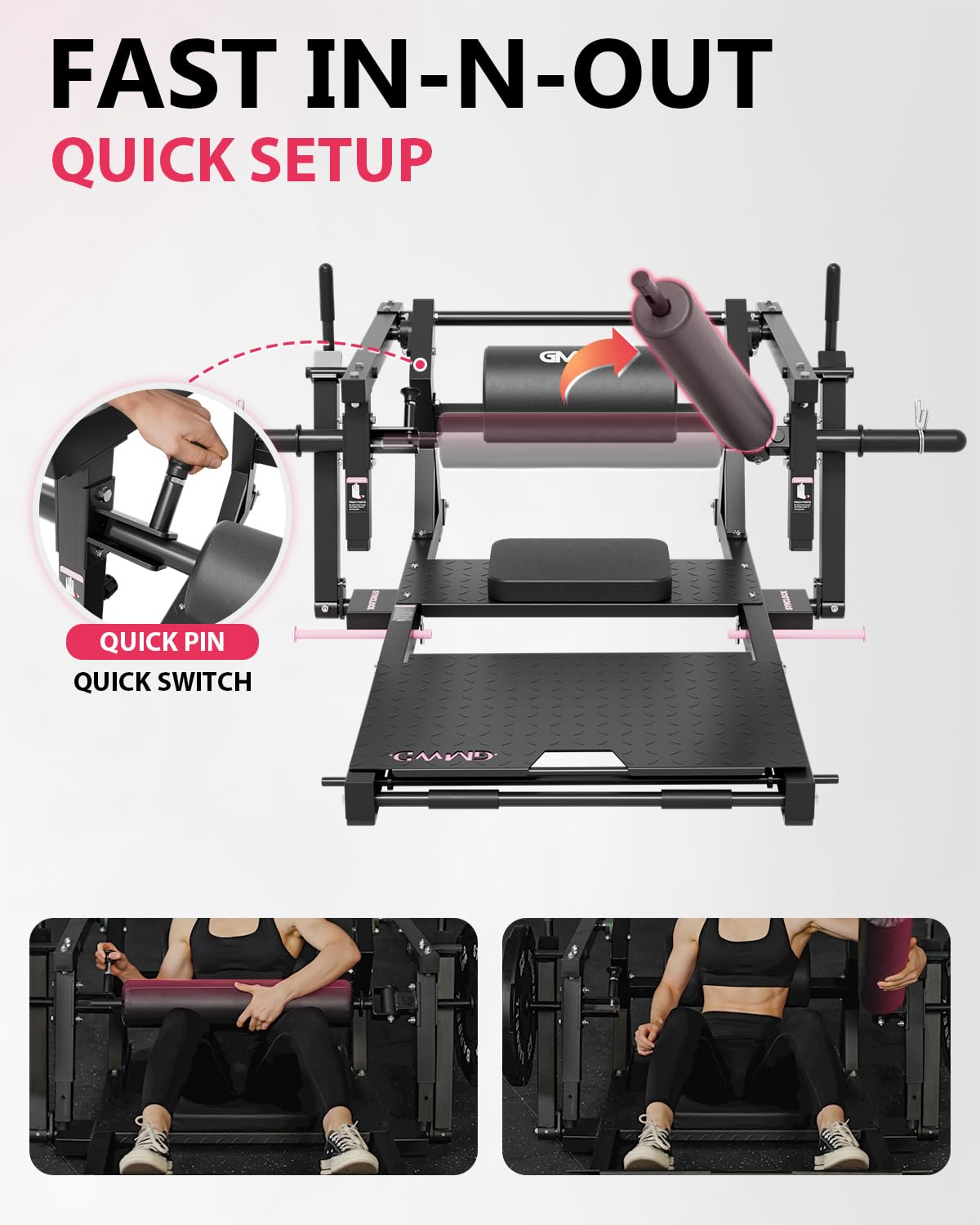GMWD Hip Thrust Machine, 800 lbs Plate-Loaded Glute Bridge Machine with Weight Holder, Heavy Duty Butt Exercise Equipment for Glute Muscles Building and Butt Shaping, Adjustable Footboard, Pink