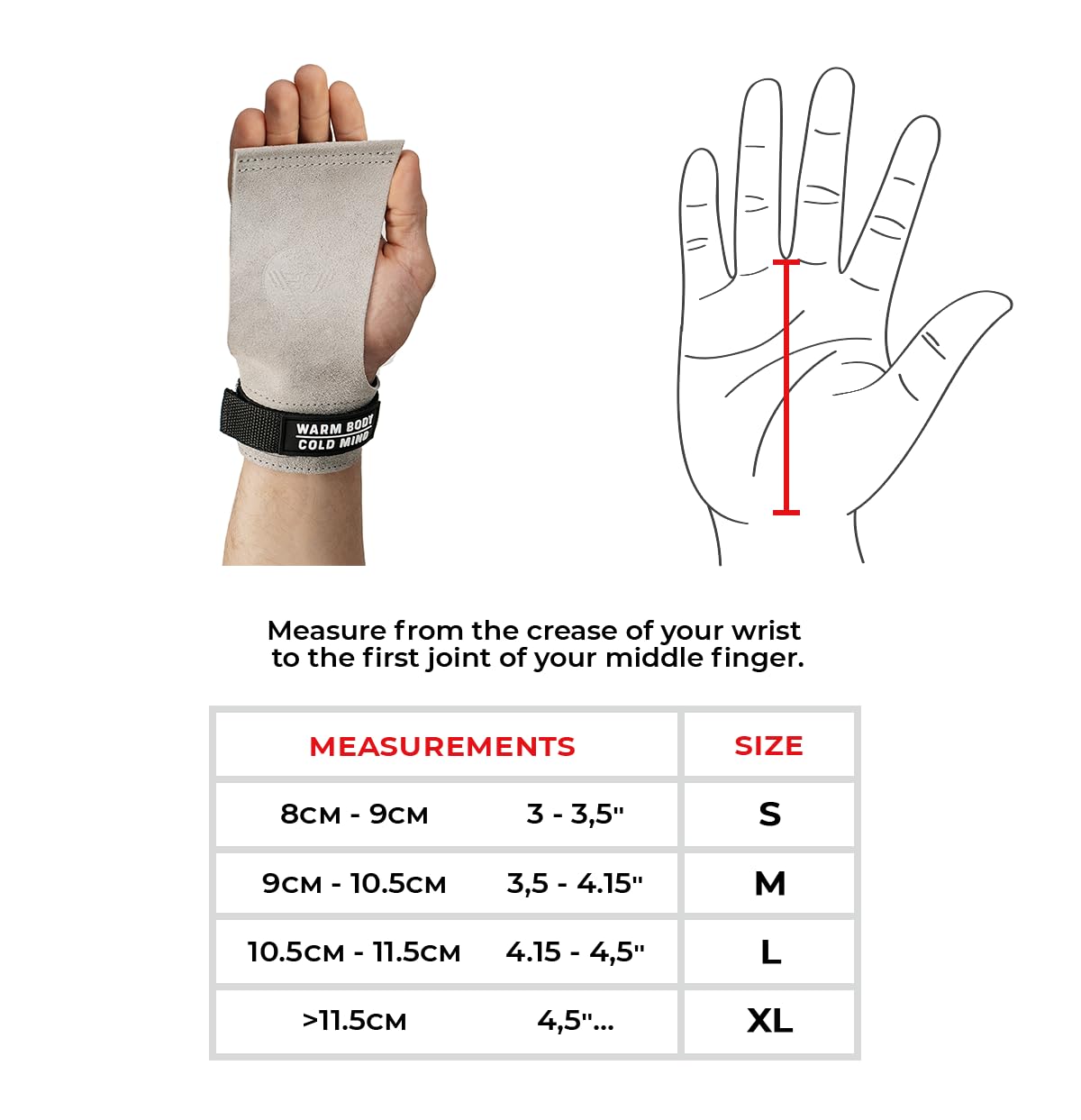 WARM BODY COLD MIND Leather Hand Grips - NO Holes for Weightlifting, Powerlifting, Gymnastics, Cross Training, Pull-Ups, Weight Lifting, Wrist and Palm Protection (White, L)