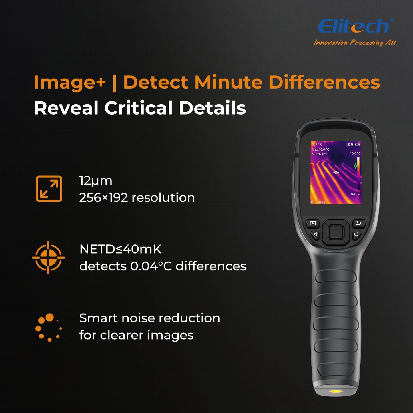 Elitech Thermal Imaging Camera 256 x 192 IR Resolution, Handheld Infrared Imager for Home Inspection & HVAC, Real-Time Video Recording, <40mK Sensitivity, 25Hz Thermal Leak Detector (-4°F to 752°F)